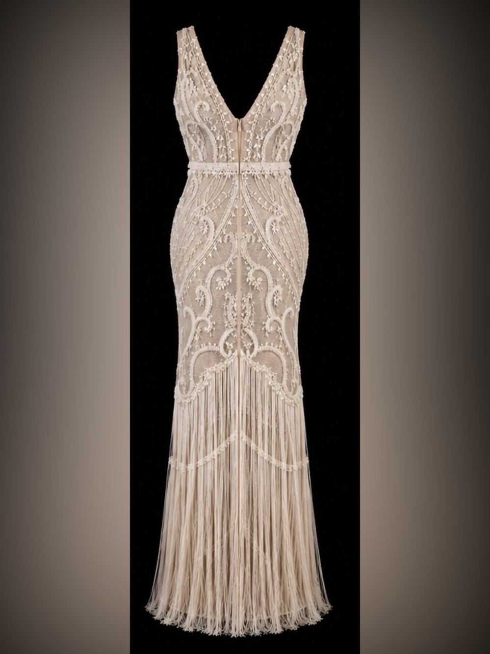 Embroidered Fringe Evening Gown in Champagne - Picture 2 of 5